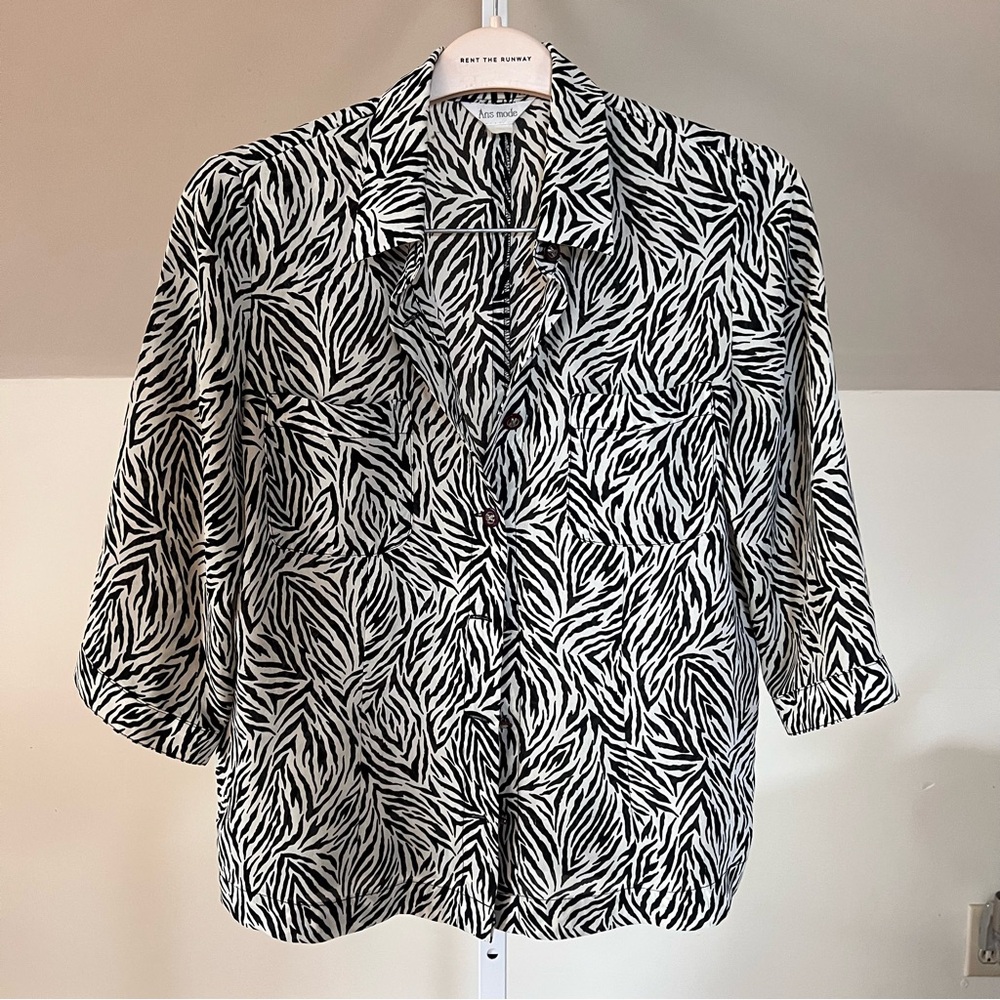 Vintage Ans Mode Quarter Sleeve Oversized Zebra Print Button-Up Blouse Medium